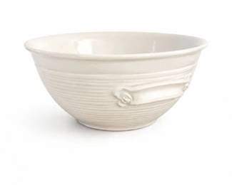 59 VintageWhiteRibbedPotteryBowlScrollHandles
