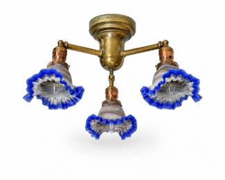 5 AntiqueArtNouveauBrassCeilingLightBlueOpalineRuffledGlass