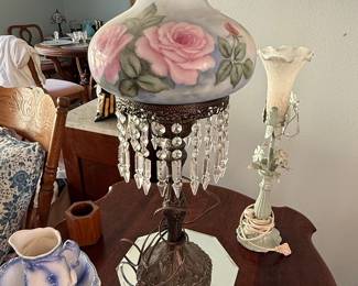 Victorian-Style Gone-with-the-Wind Hurricane Lamp with Hand-Painted Roses and Crystal Prisms