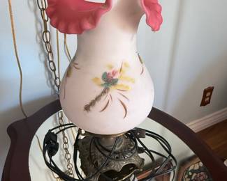Victorian-Style Hand-Painted Satin Glass Gone-With-The-Wind Lamp with Pink Cased Rim