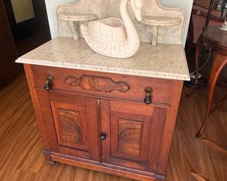 Victorian Walnut Commode Washstand with Marble Top and Backsplash