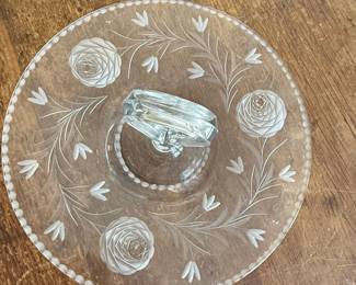 Vintage Etched Glass Rose Center Handle Server