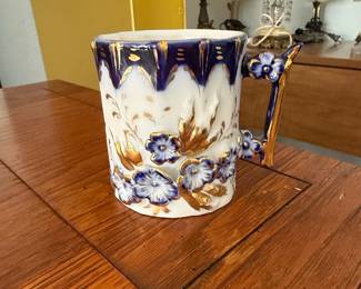 Victorian Porcelain Shaving Mug with Applied Cobalt Blue and Gold Floral Motifs