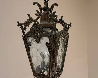 Vintage French Rococo Style Gilt Brass and Etched Glass Lantern Hall Light
