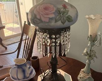 Victorian Hand-Painted Rose Gone With the Wind Hurricane Lamp with Prisms