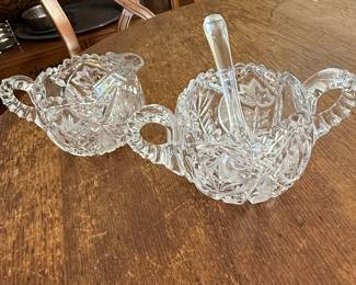 American Brilliant Period Cut Glass Hobstar and Fan Creamer and Sugar Set