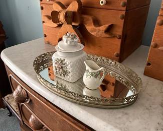 Vintage Vanity Set with Mirror Tray and Floral Ceramic Jar