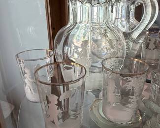 Vintage Mary Gregory Style Etched Glass Water Pitcher and Tumbler Set