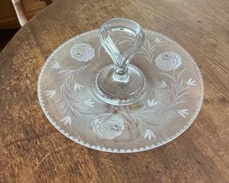 Vintage Etched Glass Rose Center Handle Server