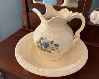 Victorian Style Wash Basin and Pitcher Set with Blue Roses