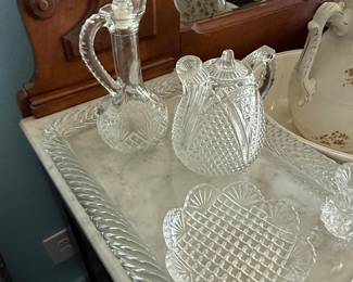 Vintage Pressed Glass Cruet Set with Tray
