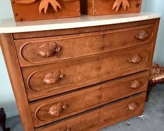 Victorian Walnut Marble Top Chest of Drawers with Carved Fruit/Floral Pulls