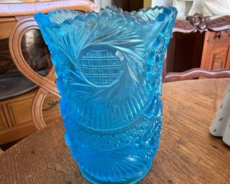 Kemple Yutec Blue Pressed Glass Vase