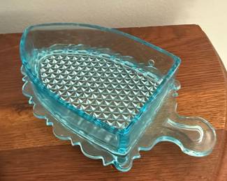Vintage Blue Pressed Glass "Sad Iron" Butter Dish