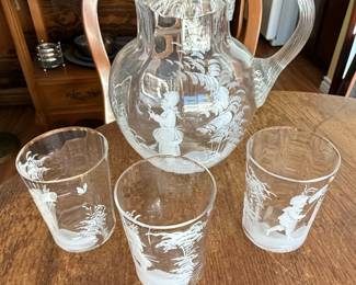 Vintage Mary Gregory Etched Glass Pitcher and Tumbler Set