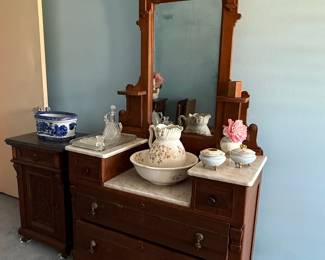 Victorian Eastlake Walnut Marble-Top Dresser with Mirror