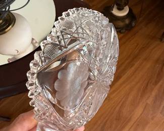 American Brilliant Period Cut Glass Nappy with Handle and Floral Etching