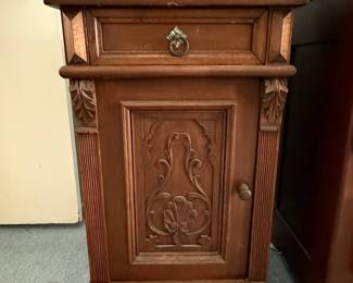 Antique Carved Walnut Nightstand with Marble Top