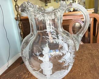 Vintage Mary Gregory Etched Glass Pitcher and Tumbler Set