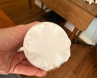 Victorian Porcelain Mustache Cup with Applied Floral Motifs and Gold Gilding