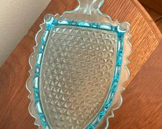 Vintage Blue Pressed Glass "Sad Iron" Butter Dish