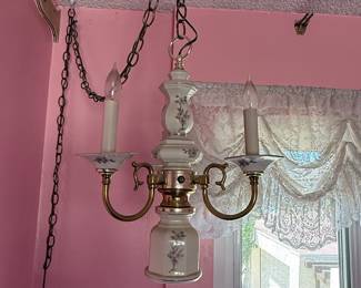 Vintage Italian Porcelain and Brass Floral Chandelier