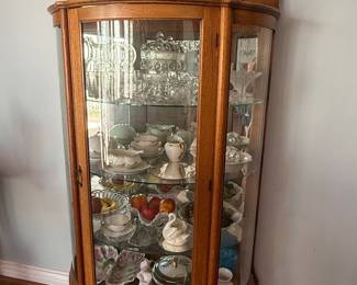 Antique Tiger Oak Curved Glass Curio Cabinet