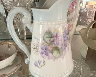 Hand-Painted Porcelain Pitcher with Violets and Blue Wash by Melody '78