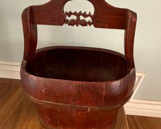 Antique Chinese Red Lacquer Carved Wooden Water Bucket