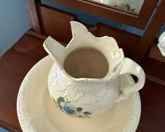 Victorian Style Wash Basin and Pitcher Set with Blue Roses