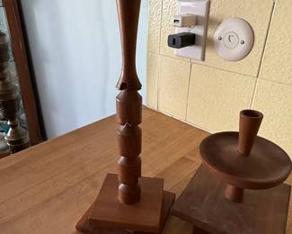Pair of Mid-Century Modern Turned Wood Candlesticks