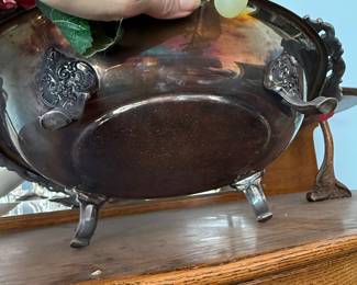 Victorian Style Silver Plated Footed Fruit Bowl with Scrollwork and Foliate Feet