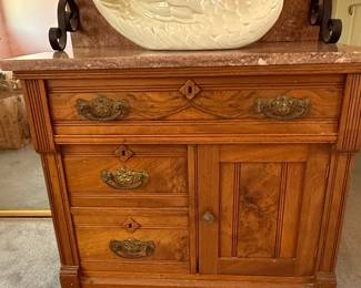 Antique Eastlake Walnut Washstand with Marble Top