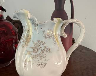 KTK Porcelain Pitcher with Green Floral and Gold Rim