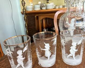 Vintage Mary Gregory Etched Glass Pitcher and Tumbler Set