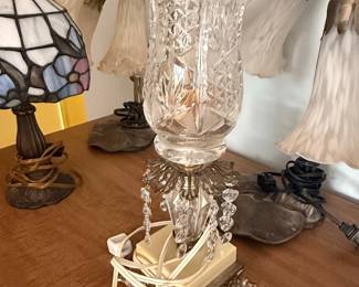Vintage Crystal Hurricane Lamp with Prisms and Ornate Base