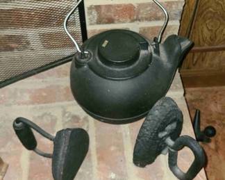 Late 19th Century Antique Italian Cast Iron Woodstove Humidifier Kettle, Sad Iron, and a Diamond Patterened Sad Iron. "AMAZING ANTIQUE FIND!!"