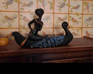 1930s Authentic Italian Hand-Painted, patinated terracotta Stylized Art Deco Sculpture of a Woman Navigating an Elegant Swan Gondola Boat by the FAMOUS SALVATORE MELANI!! *Maker stamped S.I.O (Societa Italiana Oggetti)- giving this piece its 100% Authenticity*