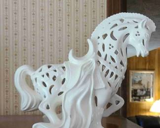 1970s Authentic Vintage large-scale White Ceramic Highly Reticulated Tang Dynasty Style Parade/Trojan Horse Statue. This is an EXTRAORDINARY RETICULATED FIND in the ARHEL'S TANG HORSE MOLD- which is the most sought-after large decorative pieces.