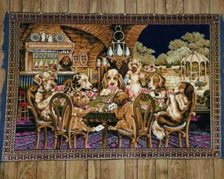 1970s Vintage Turkish Velvet "Dogs Playing Poker" Massive Wall Tapestry. It is the Largest size ever produced 6'×4'. HIGHLY SOUGHT-AFTER AND HIGHLY COLLECTIBLE FOR COLLECTORS OF BARWARE DECOR!!