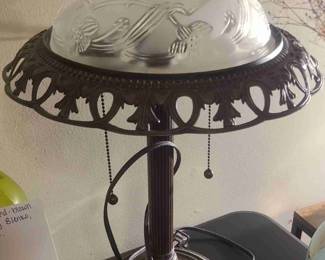 1920s-1930s Art Deco Bronze Table Lamp with Hand-blown Frosted Glass Shade made by Blenko Glass Company. HIGHLY SOUGHT-AFTER COLLECTIBLE!!