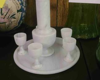 1970s Vintage White and Grey Marble Decanter Set with Pagoda Top, Tray, and Stemmed Cordial Glasses Hand-carved from Taiwan! "EXCEPTIONAL VINTAGE BARWARE!!"
