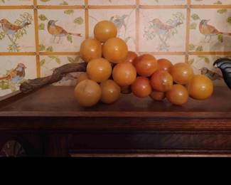 1960s-1970s Vintage Italian Amber Alabaster Grape Cluster With Driftwood Stem. HIGHLY SOUGHT-AFTER FOR ITS RARE AMBER COLOR!!