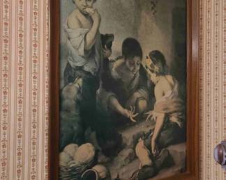 Circa 1960s Vintage Authentic Framed Prints For Pleasure Art Lithograph Print of "Boys Playing Dice" also known as "The Dice Players" by Spanish Baroque Master Bartolome E. Murillo. *Authorized by the Alte Pinakothek Museum in Munich, Germany (catalog # 5422). *Encased in a RARE IMPORTED BELGIAN OAK FRAME salvaged from the historic JEAN WEYER'S Credenza out of Boechout, Belgium*
