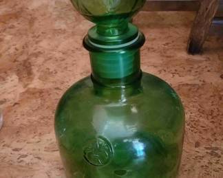 1960s-1970s Vintage Empoli Emerald Green Glass Decanter Genie Bottle with a "Fluer-de-lis" from Italy!