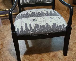 Circa 1985-1995 Authentic Vintage Postmodern Open Arm Chair is Famously Upholstered in the Eye-catching, Iconic City Skyline Print featured on the Hit Show "Sex and the City." HIGHLY SOUGHT-AFTER, NICHE POP CULTURE COLLECTIBLE!!