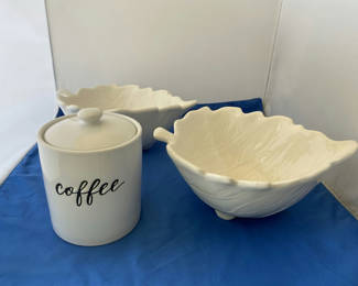 Lot 108: 2 Large Leaf Shaped Snack Bowls and a Stoneware Coffee Crock