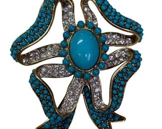 Kenneth Jay Lane Turquoise Cabochon & Crystal Bow Brooch