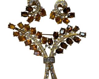 Nolan Miller Rhinestone Floral Bouquet Brooch & Earrings Set
