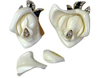 Kenneth Jay Lane Ivory Enamel Calla Lily Crystal Clip-On Earrings